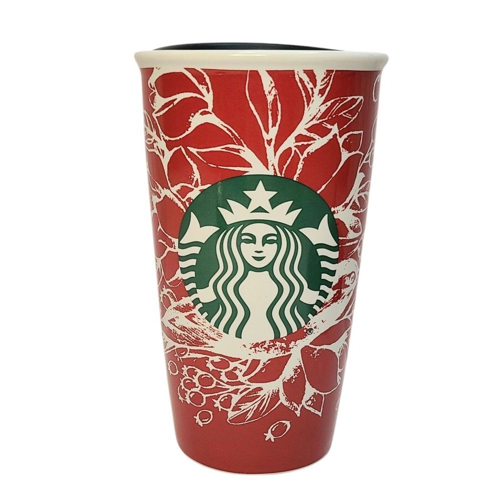 Starbucks Travel Mug & Lid 2016 Holiday Christmas Winter Bird berries Ceramic